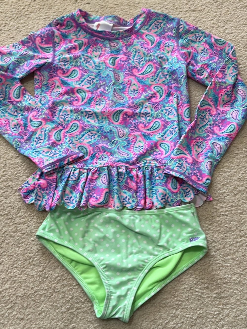 Ruffle Butts Long-Sleeve Rash Guard Set - Pink & Green Paisley Size 10 GUC